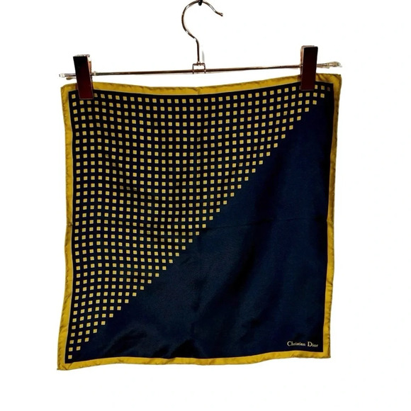 Christian Dior 100% Silk Navy & Gold Polka Dot Hand Rolled Edge Pocket Square - Picture 1 of 4